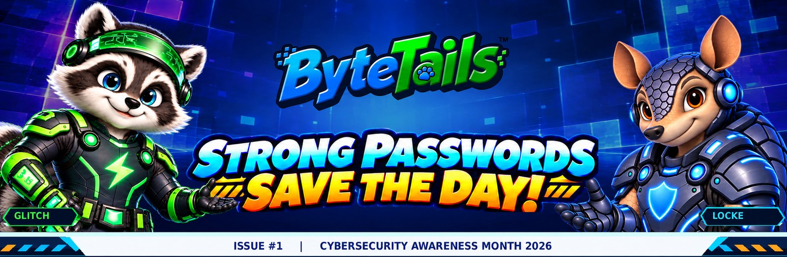 ByteTails: Strong Passwords Save the Day! Issue #1, Cybersecurity Awareness Month 2026, with Glitch and Locke welcoming the reader.