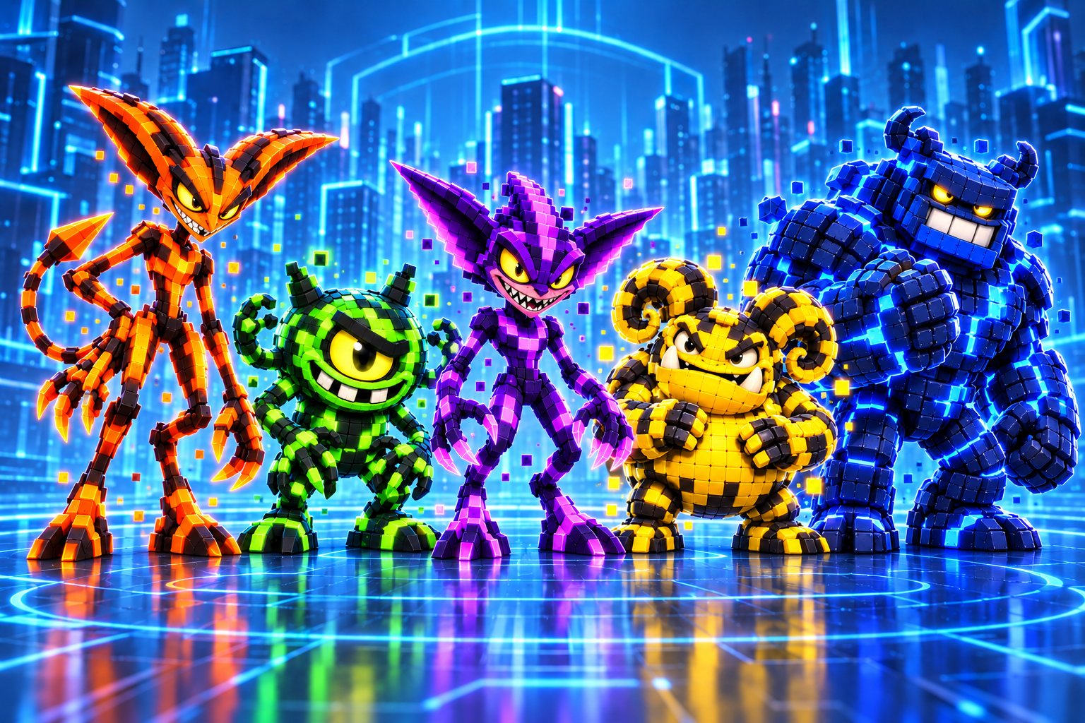 The five Malbits in a neon digital city: an orange Loopling, a green Exploitling, a purple Hexling, a yellow Bugbit and a blue Brutebit.