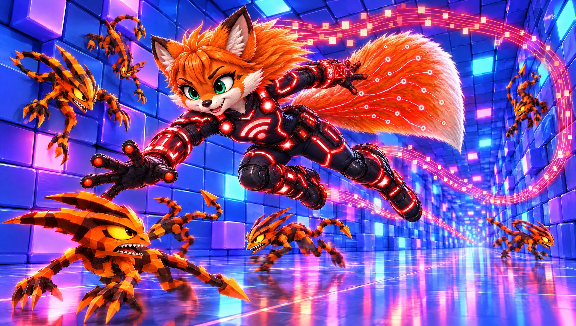Packet the fox, in red-lit armor, leaps down a pixel hallway trailing streams of data as orange Looplings scramble along the walls and floor.