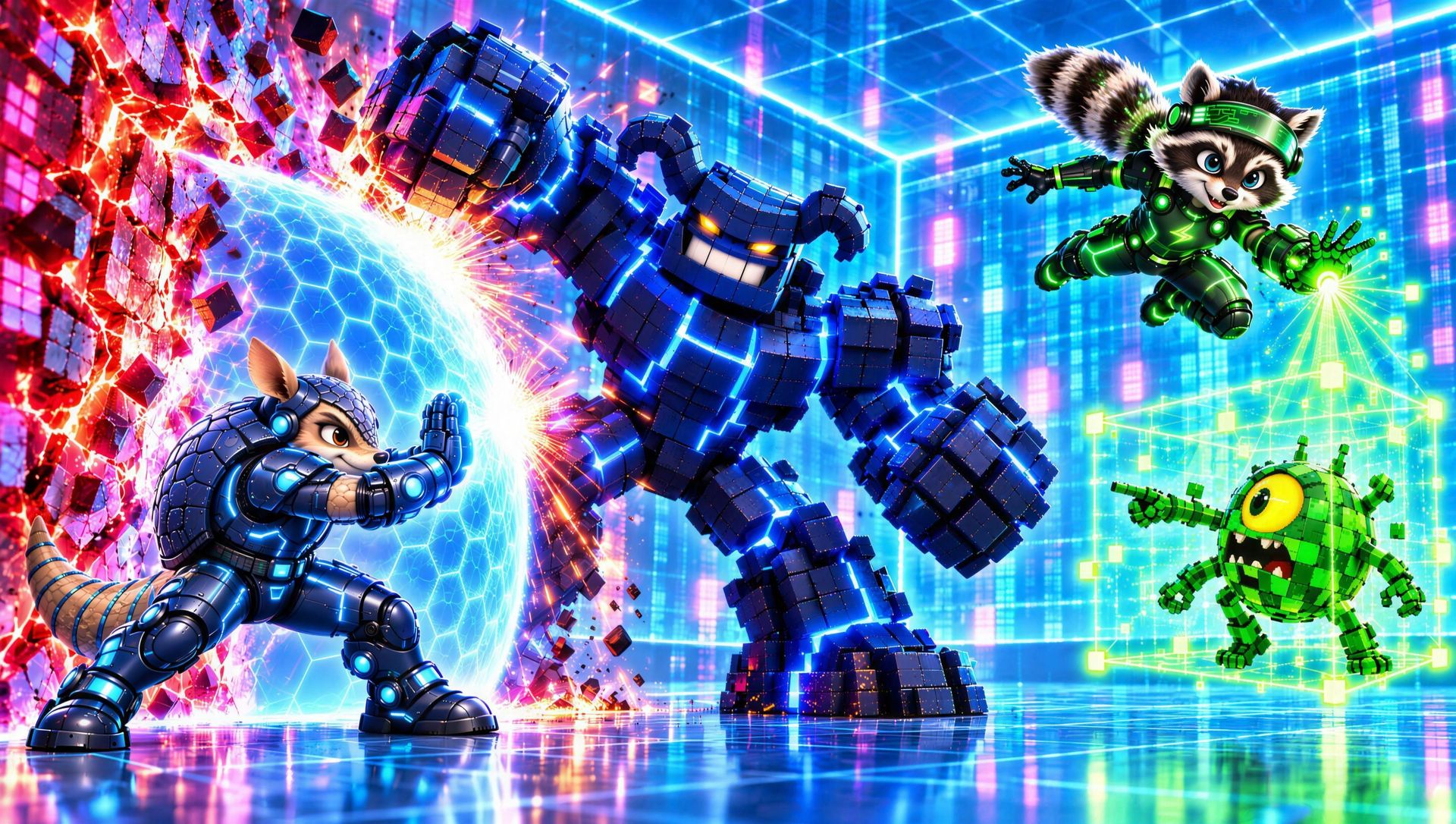 In a glowing digital gallery, Locke the armadillo holds up a shield of light against a giant blue Brutebit, while Glitch the raccoon leaps overhead and freezes a green Exploitling in a cube of light.