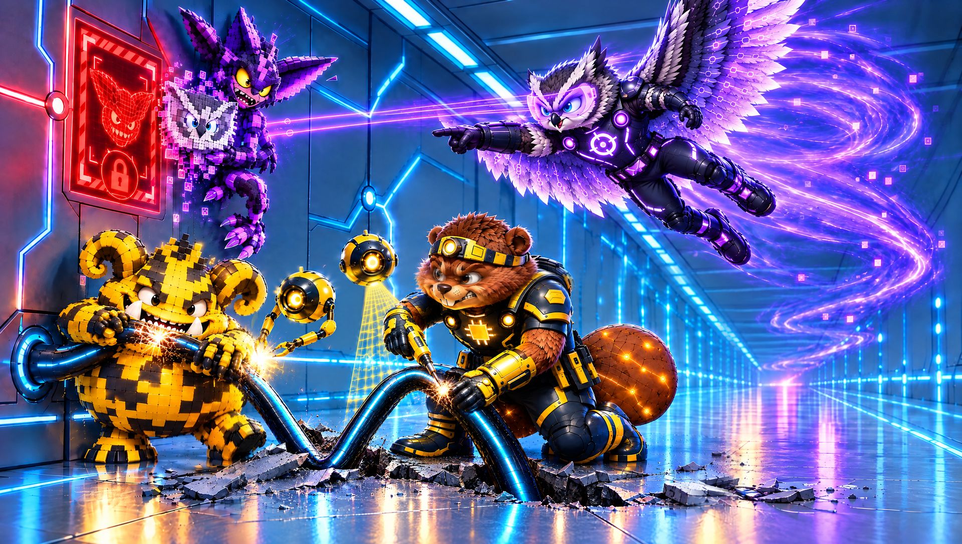 Cypher the owl swoops down a circuit hall and exposes a purple Hexling wearing a pixel mask of his face, while Patch the beaver repairs a cable that a yellow Bugbit is chewing.