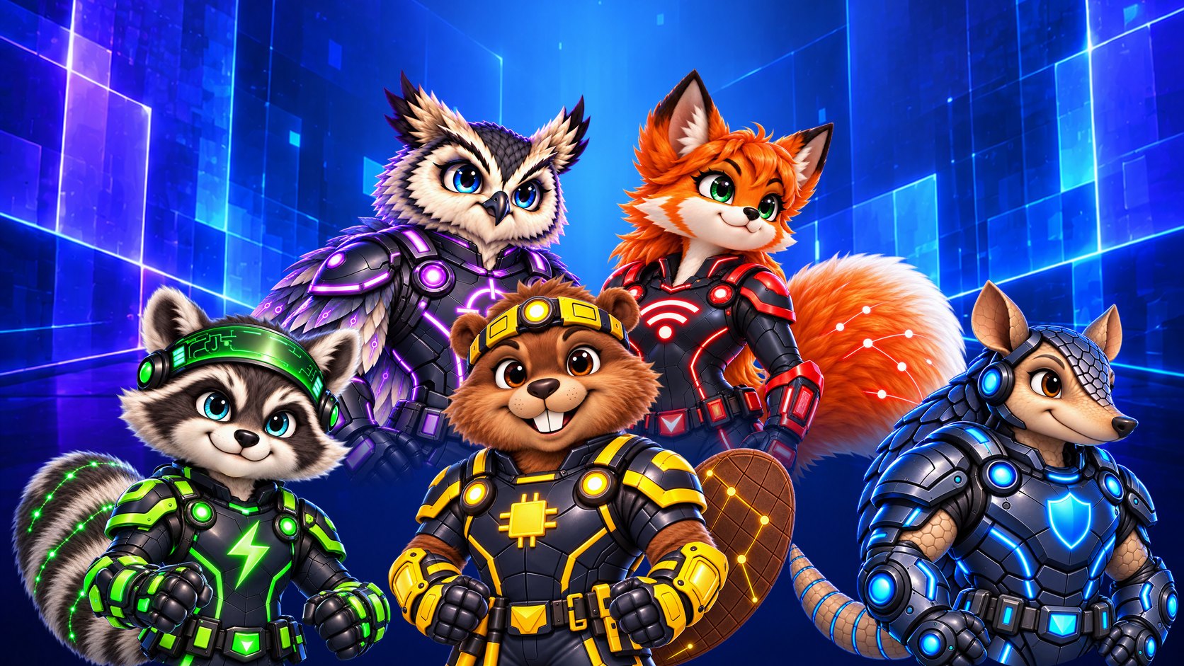 The five ByteTails together in a glowing digital world: Cypher the purple owl and Packet the red-suited fox at the back, with Glitch the green raccoon, Patch the yellow beaver and Locke the blue armadillo in front.